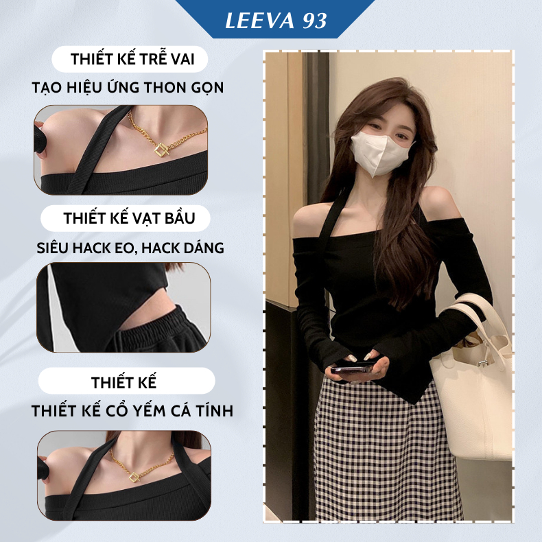 Áo trễ vai vạt chéo dài tay phối dây yếm quyến rũ , Áo croptop nữ hở vai chất cotton co giãn - 1175