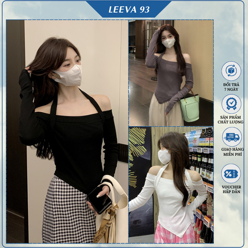 Áo trễ vai vạt chéo dài tay phối dây yếm quyến rũ , Áo croptop nữ hở vai chất cotton co giãn - 1175