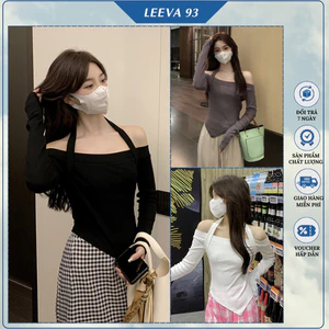Áo trễ vai vạt chéo dài tay phối dây yếm quyến rũ , Áo croptop nữ hở vai chất cotton co giãn - 1175