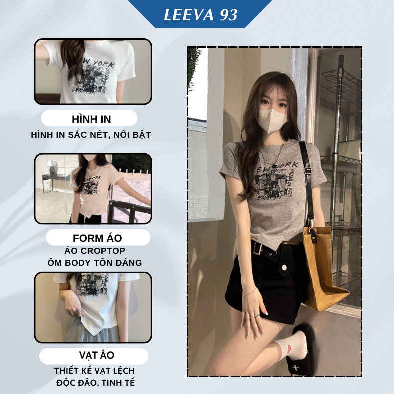 Áo thun croptop cổ tròn tay ngắn vạt lệch họa tiết in,áo phông nữ dáng ngắn co giãn đa chiều 1099