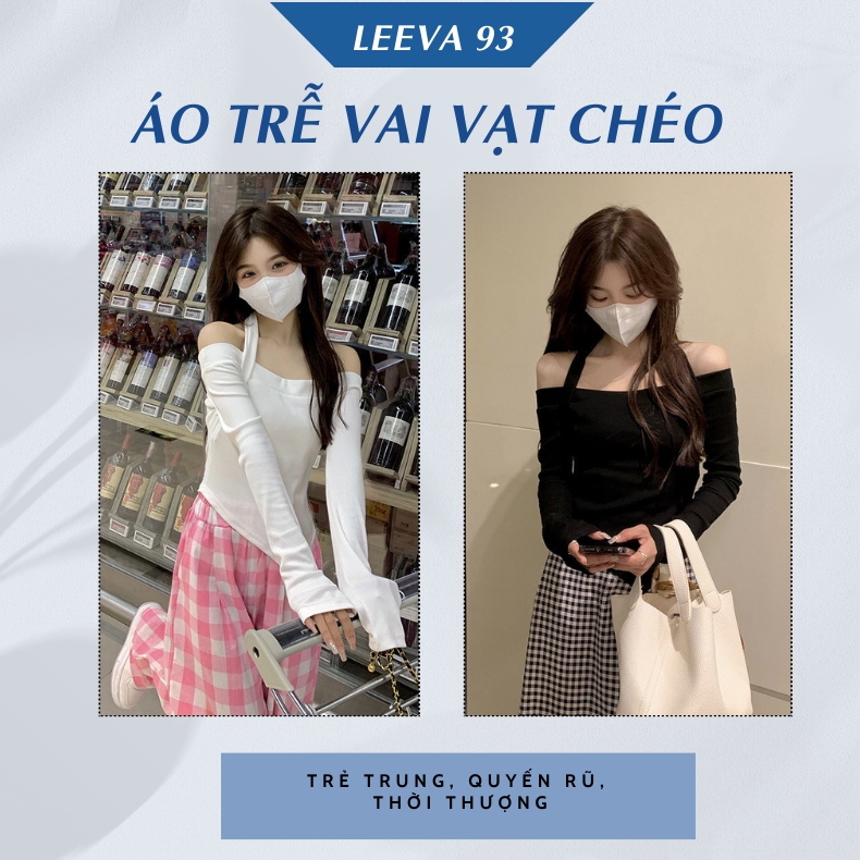 Áo trễ vai vạt chéo dài tay phối dây yếm quyến rũ , Áo croptop nữ hở vai chất cotton co giãn - 1175
