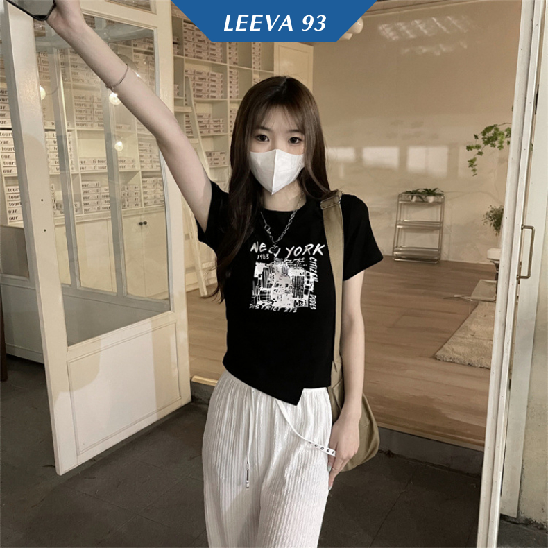 Áo thun croptop cổ tròn tay ngắn vạt lệch họa tiết in,áo phông nữ dáng ngắn co giãn đa chiều 1099