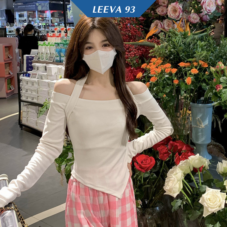 Áo trễ vai vạt chéo dài tay phối dây yếm quyến rũ , Áo croptop nữ hở vai chất cotton co giãn - 1175