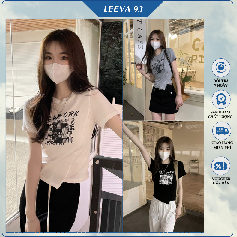 Áo thun croptop cổ tròn tay ngắn vạt lệch họa tiết in,áo phông nữ dáng ngắn co giãn đa chiều 1099