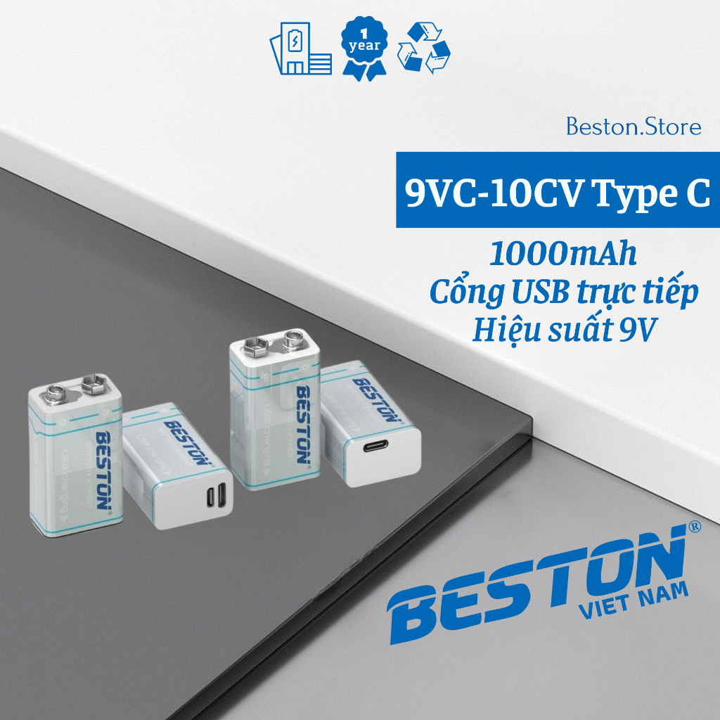 BESTON Pin 9V Sạc USB Type-C 1000mAh dùng cho đồ hồ đo điện, chuông báo ...