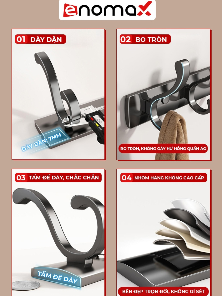 Ảnh Móc Treo Gắn Tường ENOMAX Siêu Chắc, Treo Đồ Đa Năng, Chất Liệu Thép Carbon, Chịu Lực 50kg,  Đi Kèm Keo Dán, Ốc Vít 3