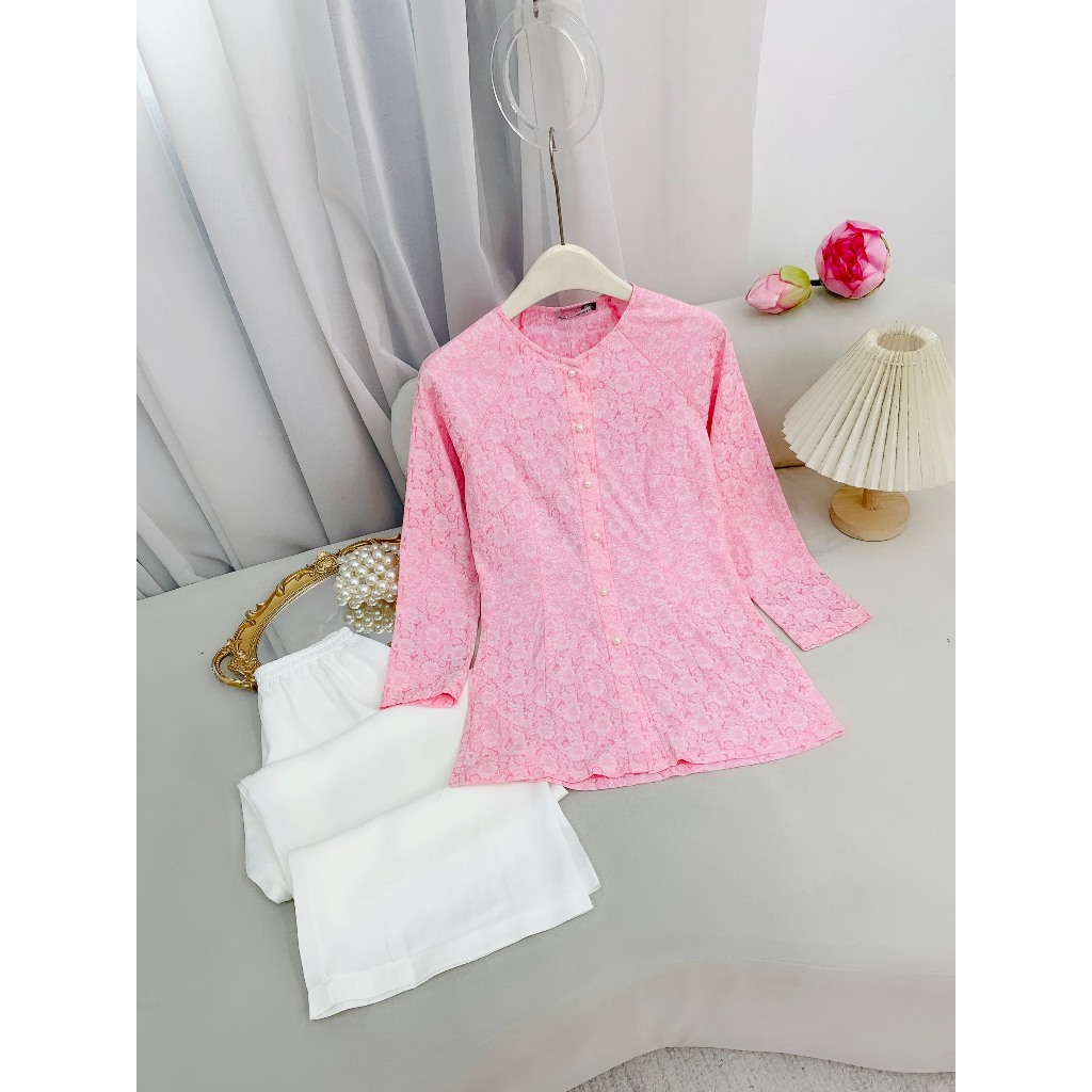 Mã Áo Lẻ - Đồ lam đi chùa nữ cổ tròn tay dài bộ pháp phục thêu hoa nhí mặc đi lễ chùa thanh lịch