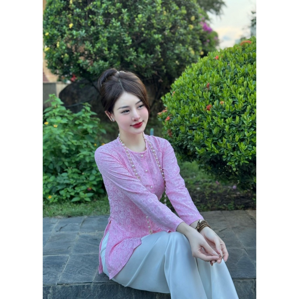 Mã Áo Lẻ - Đồ lam đi chùa nữ cổ tròn tay dài bộ pháp phục thêu hoa nhí mặc đi lễ chùa thanh lịch