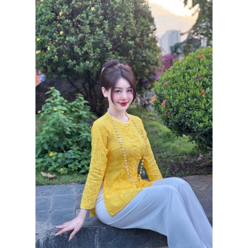Mã Áo Lẻ - Đồ lam đi chùa nữ cổ tròn tay dài bộ pháp phục thêu hoa nhí mặc đi lễ chùa thanh lịch