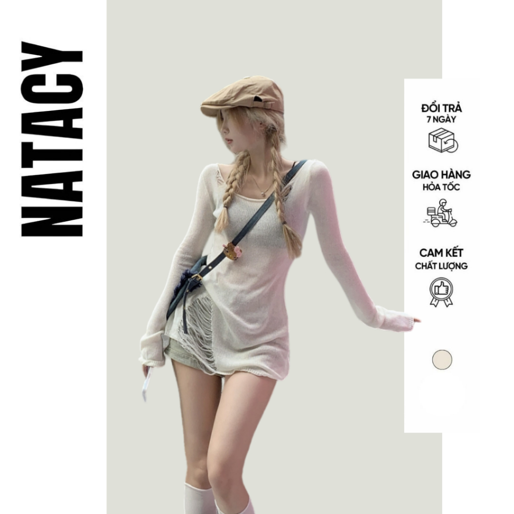 Áo lưới tay dài rách trễ vai đi biển mùa hè dành cho nữ NATACY - AO30 ...