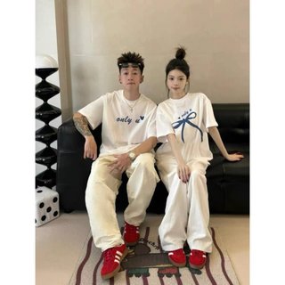 Áo đôi nam nữ Nơ Only U , áo thun dôi nam nữ mặc cùng người yêu trái tim Nơ Only U form rộng có cổ tròn tay [A148]