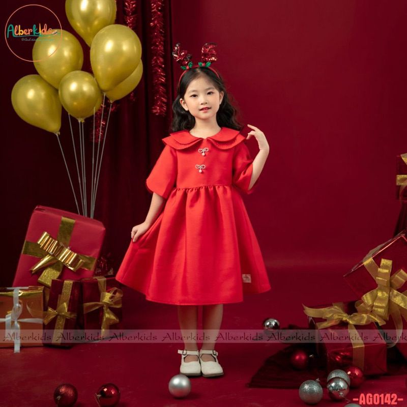 Váy Đỏ Bé Gái Cổ Cánh Sen Đính Nơ Ngọc AG0142 Cao Cấp Mặc Noel Tết Dự Tiệc Công Chúa 90-150cm 11-38kg