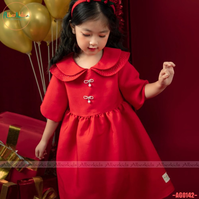 Váy Đỏ Bé Gái Cổ Cánh Sen Đính Nơ Ngọc AG0142 Cao Cấp Mặc Noel Tết Dự Tiệc Công Chúa 90-150cm 11-38kg