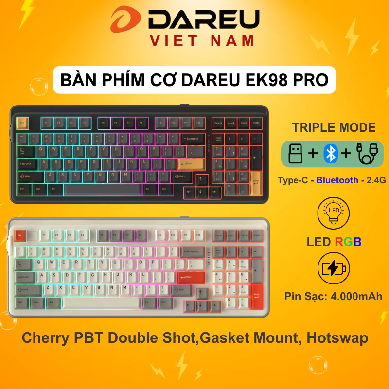 Bàn phím cơ không dây DAREU EK98 PRO (Triple Mode, Cherry PBT Double Shot, Gasket Mount, RGB)