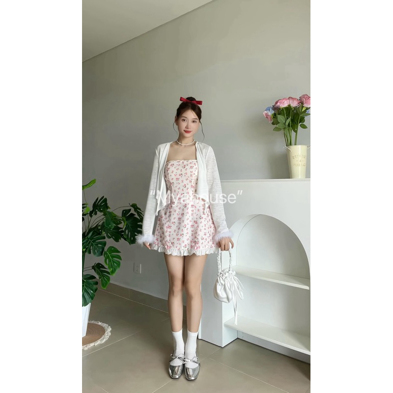 Đầm ống - Đầm cup ngực hoa nhí viền ren ( tặng kem áo khoác )