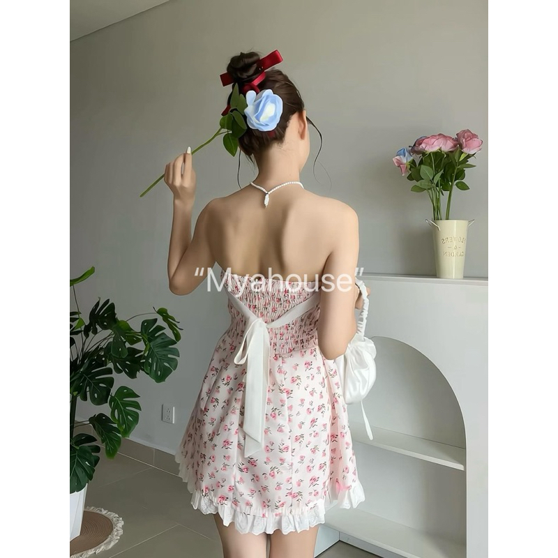 Đầm ống - Đầm cup ngực hoa nhí viền ren ( tặng kem áo khoác )