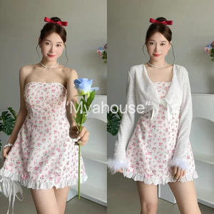 Đầm ống - Đầm cup ngực hoa nhí viền ren ( tặng kem áo khoác )