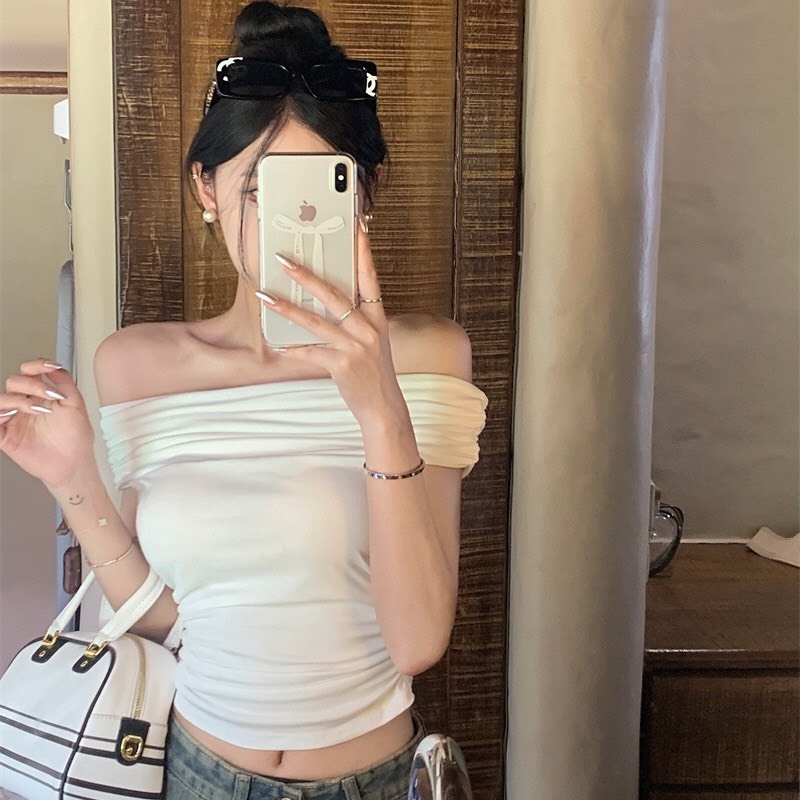 Áo thun nữ trễ vai croptop ôm body hottrend mùa hè 2024 chất liệu thun co giãn phong cách Hàn Quốc sang chảnh SP140