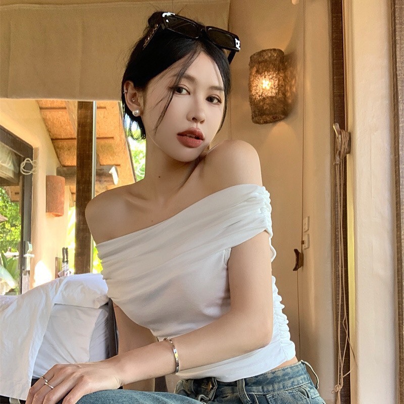 Áo thun nữ trễ vai croptop ôm body hottrend mùa hè 2024 chất liệu thun co giãn phong cách Hàn Quốc sang chảnh SP140