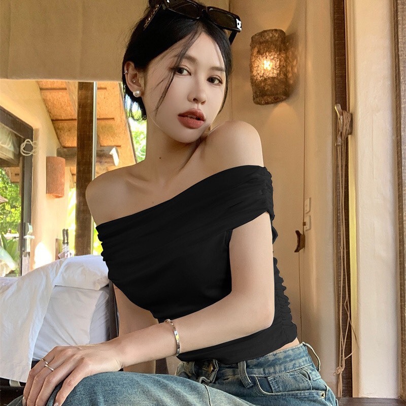 Áo thun nữ trễ vai croptop ôm body hottrend mùa hè 2024 chất liệu thun co giãn phong cách Hàn Quốc sang chảnh SP140