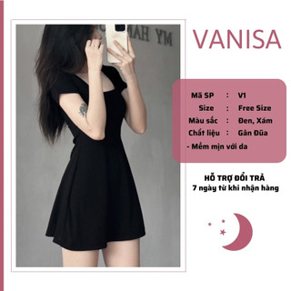 Váy gân đũa dáng xòe ngắn tay cổ vuông kiểu ôm body basic xám đen VANISA V1