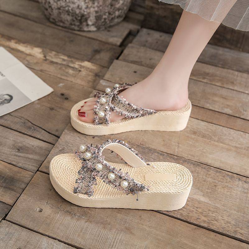 Laylalay.n - [Có sẵn] Dép xuồng quai chéo đính đá đế cao 5cm xỏ ngón xinh xắn, dép xuồng nữ - đi làm, văn phòng, đi biển