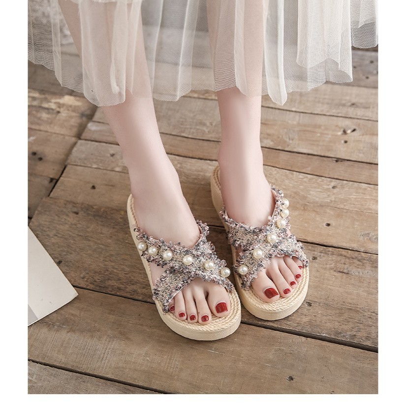 Laylalay.n - [Có sẵn] Dép xuồng quai chéo đính đá đế cao 5cm xỏ ngón xinh xắn, dép xuồng nữ - đi làm, văn phòng, đi biển