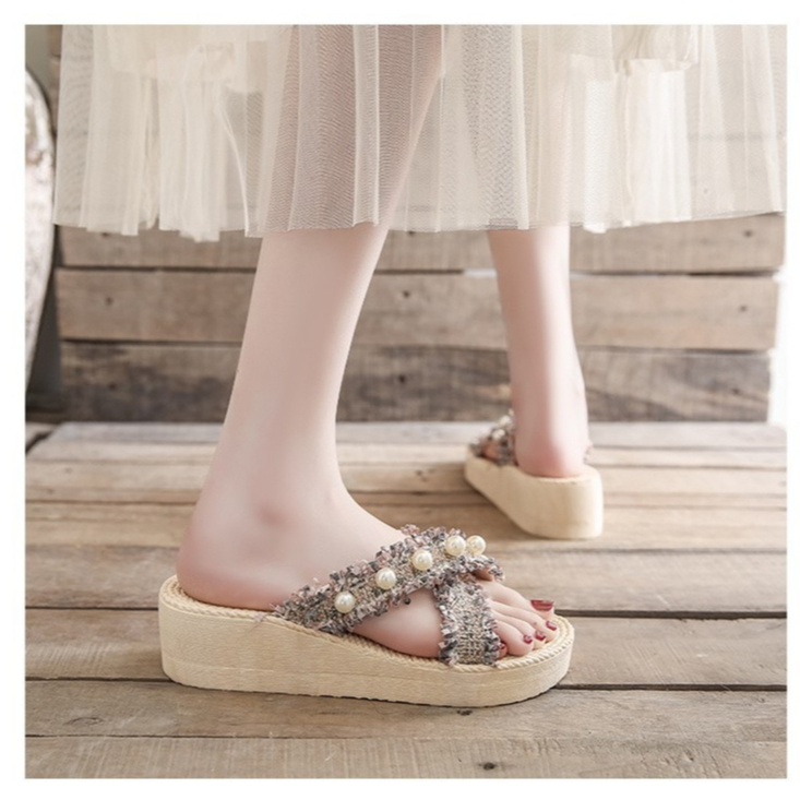 Laylalay.n - [Có sẵn] Dép xuồng quai chéo đính đá đế cao 5cm xỏ ngón xinh xắn, dép xuồng nữ - đi làm, văn phòng, đi biển