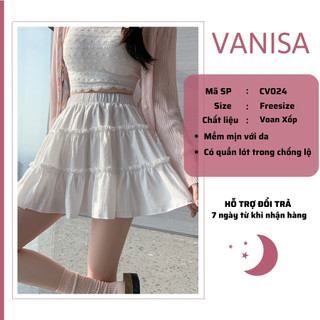 Chân váy xoè ngắn xếp ly ren tầng tennis nơ đen hồng trắng có quần trong chất đũi xốp VANISA CV024