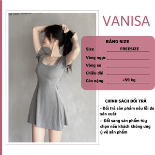 Váy gân đũa dáng xòe ngắn tay cổ vuông kiểu ôm body basic xám đen VANISA V1