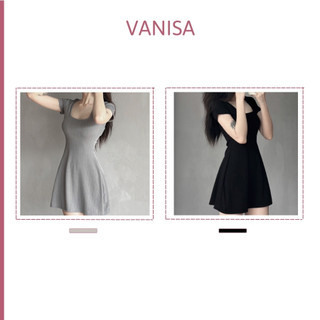 Váy gân đũa dáng xòe ngắn tay cổ vuông kiểu ôm body basic xám đen VANISA V1
