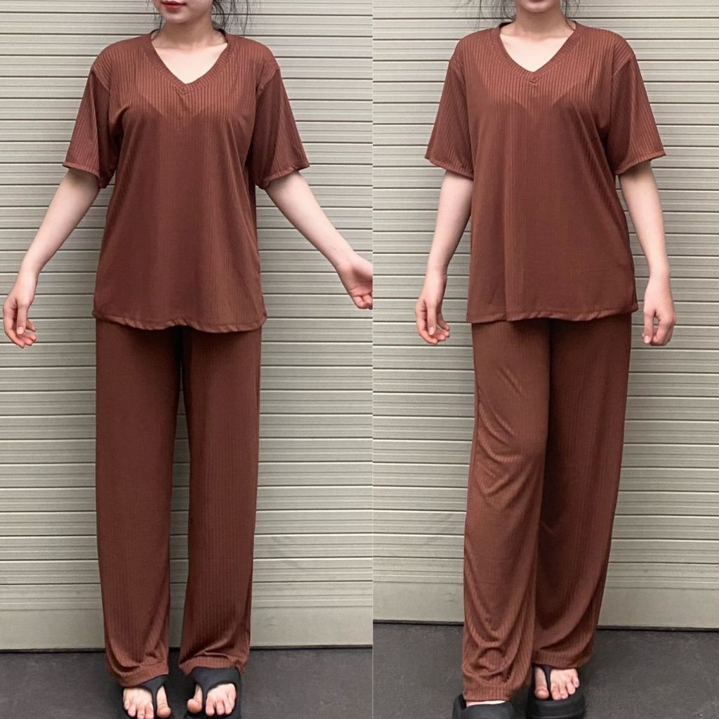 Set Đồ Nữ Đẹp Sang Chảnh Bigsize Quần Ống Suộng Rộng Thun Gân Đũa Lạnh ESHOP Đồ Bộ Nữ Áo Cổ Tim DL68