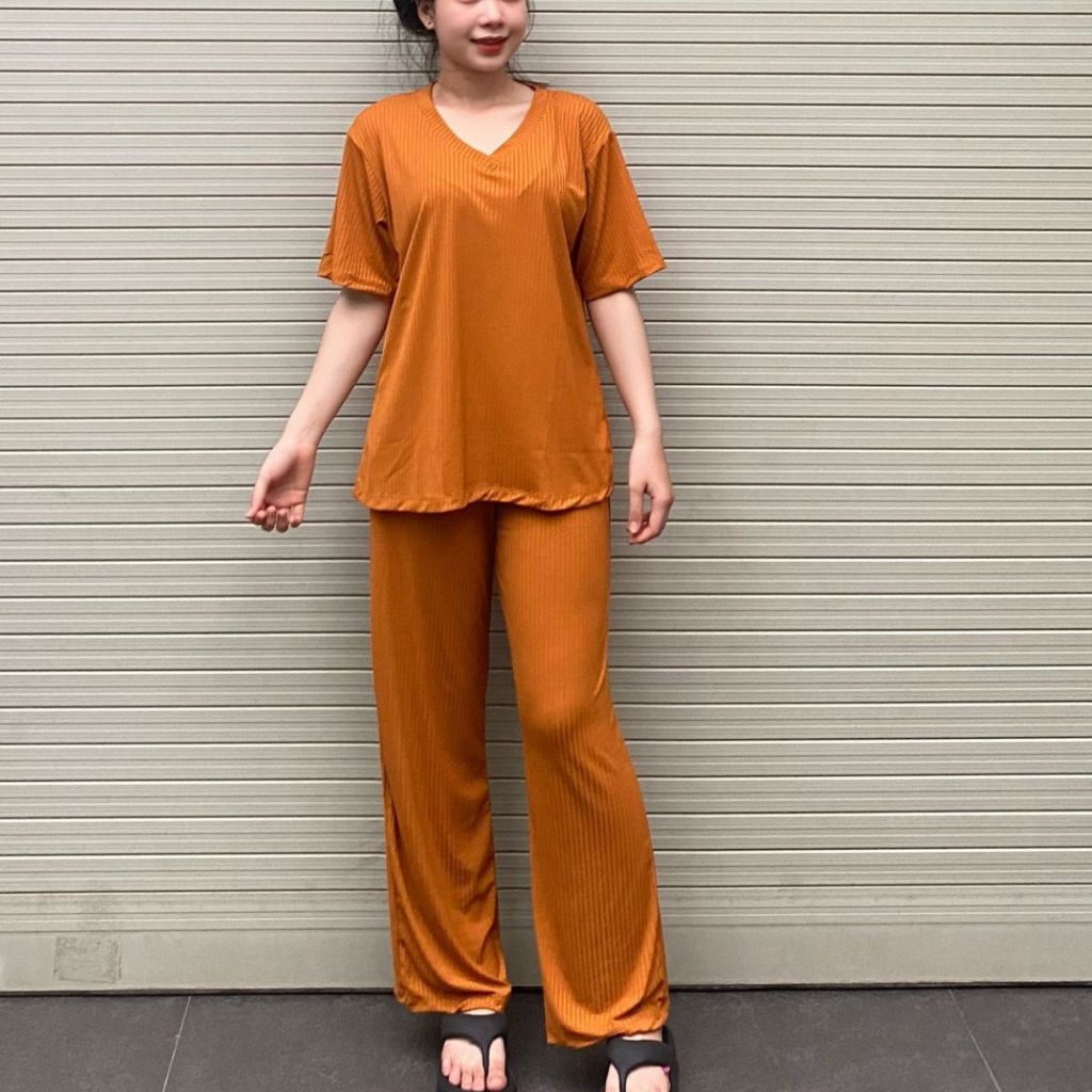 Set Đồ Nữ Đẹp Sang Chảnh Bigsize Quần Ống Suộng Rộng Thun Gân Đũa Lạnh ESHOP Đồ Bộ Nữ Áo Cổ Tim DL68