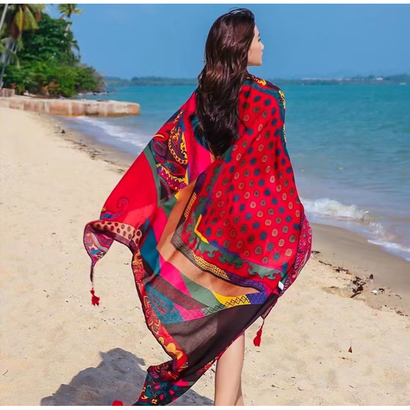 Khăn Choàng Họa Tiết Thổ Cẩm Đi Biển Phong Cách Vintage Màu đỏ công