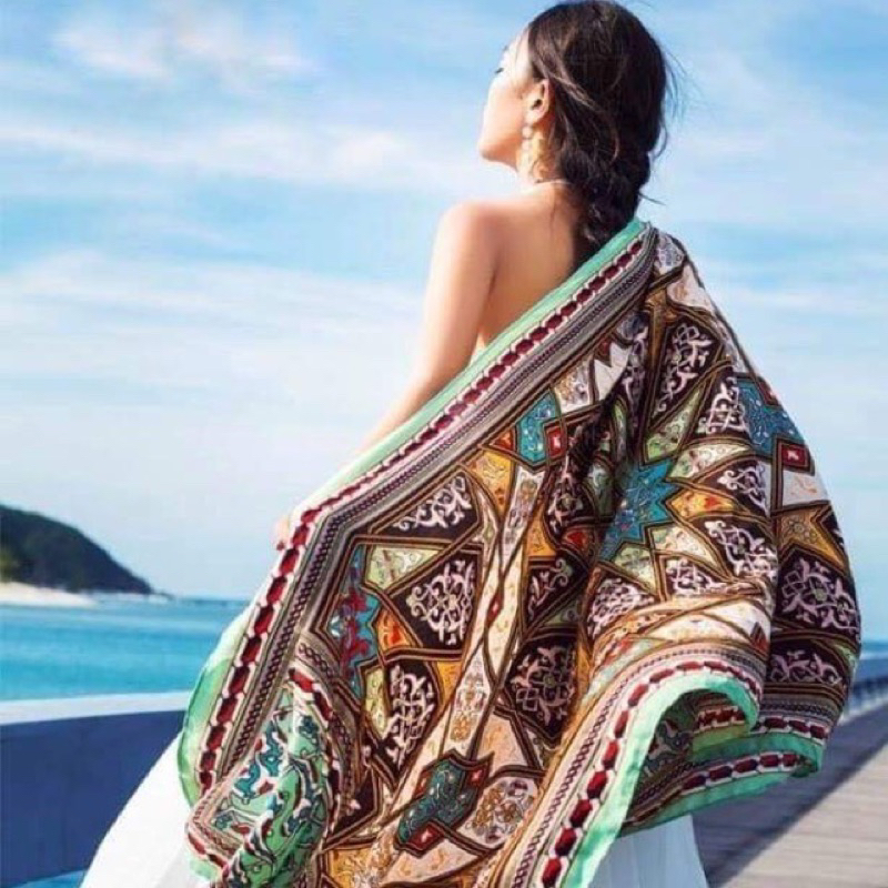 Khăn Choàng Họa Tiết Thổ Cẩm Đi Biển Phong Cách Vintage Màu Xanh Cà Phê