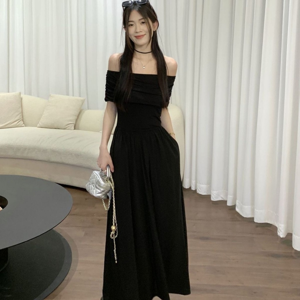 Váy đầm maxi dáng dài thiết kế trễ vai tiểu thư hàng Quảng Châu có túi phong cách tỷ tỷ SP158