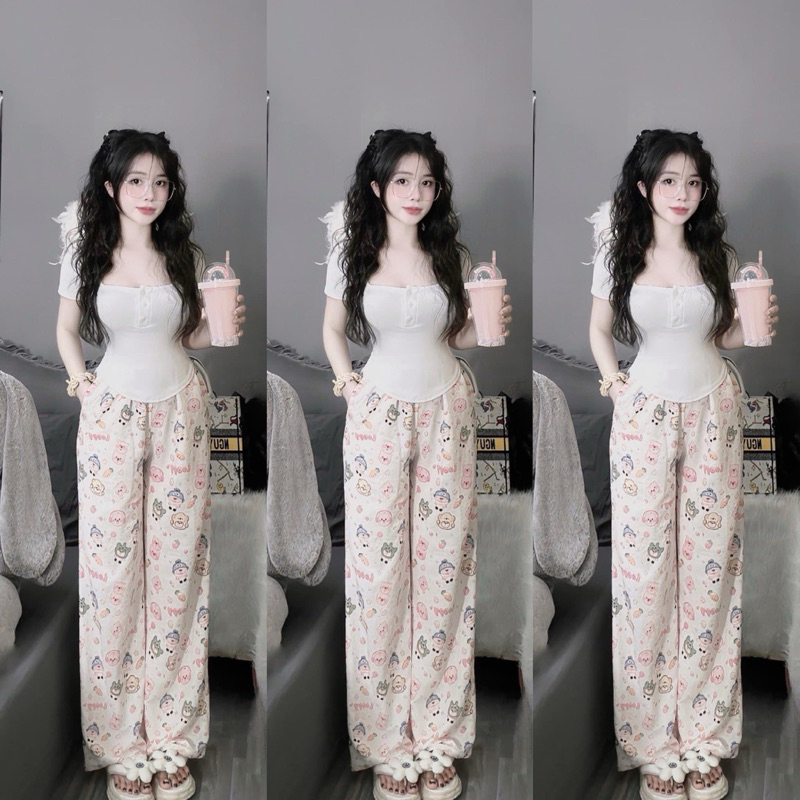Sét bộ nữ đúng nút tay ngắn in hoạt hình siêu đẹp dễ thương