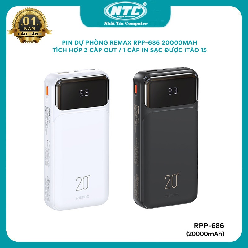 Pin dự phòng 20000mAh Remax RPP-686 sạc iTáo 15 16 - có 3 cáp out, cáp ...