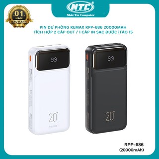 Pin Dự Phòng Remax RPP-686 20000mAh sạc iTáo 15 16 - có 3 cáp out, cáp USB in, tổng 6 cổng