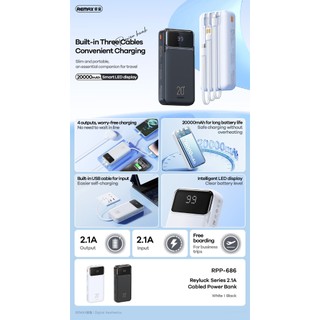 Pin Dự Phòng Remax RPP-686 20000mAh sạc iTáo 15 16 - có 3 cáp out, cáp USB in, tổng 6 cổng