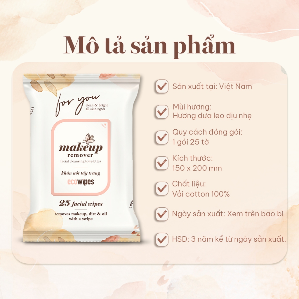 Ảnh Khăn tẩy trang ECOWIPES Facial Cleansing Towelettes Makeup Remover, 25 Tờ/ Gói - Daily Beauty 3