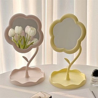 Gương để bàn bông hoa xoay 360 độ tiện lợi có bệ để đồ, decor