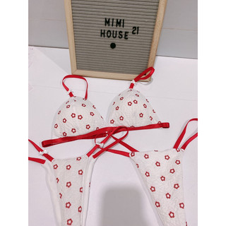Set đồ lót không gọng, mút mỏng hoa đỏ phối nơ - handmade by Mimi house