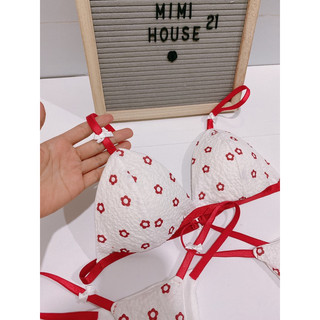 Set đồ lót không gọng, mút mỏng hoa đỏ phối nơ - handmade by Mimi house