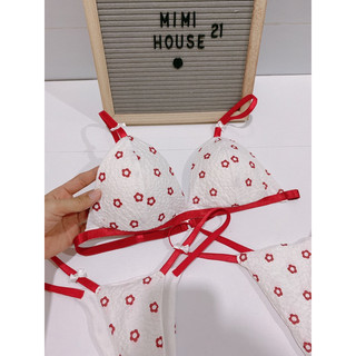 Set đồ lót không gọng, mút mỏng hoa đỏ phối nơ - handmade by Mimi house