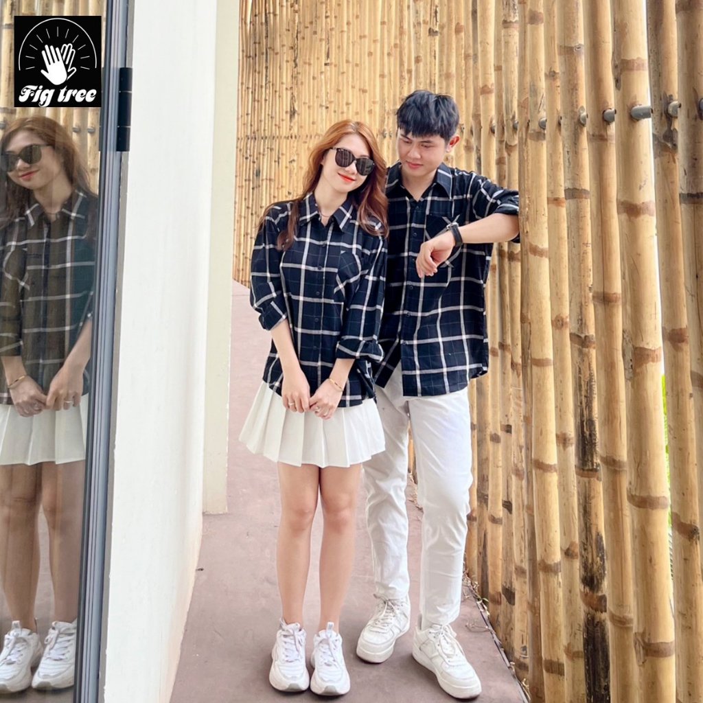 Áo Sơ Mi Cặp Fig Tree Caro Trắng Đen Form Rộng Siêu Cool cho Couple