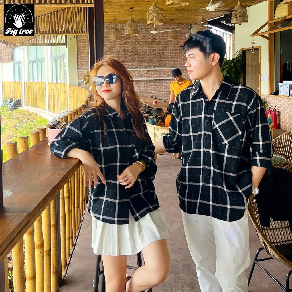 Áo Sơ Mi Cặp Fig Tree Caro Trắng Đen Form Rộng Siêu Cool cho Couple