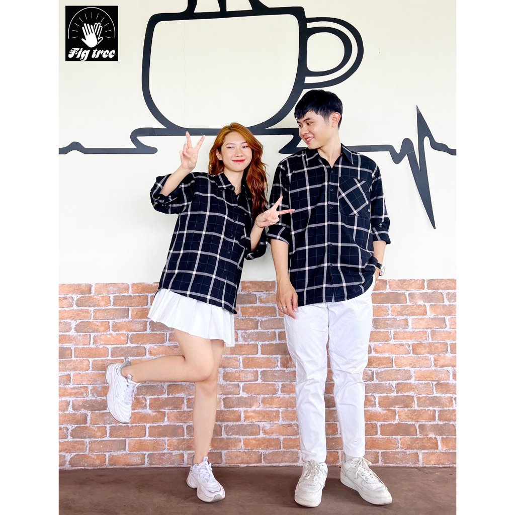 Áo Sơ Mi Cặp Fig Tree Caro Trắng Đen Form Rộng Siêu Cool cho Couple