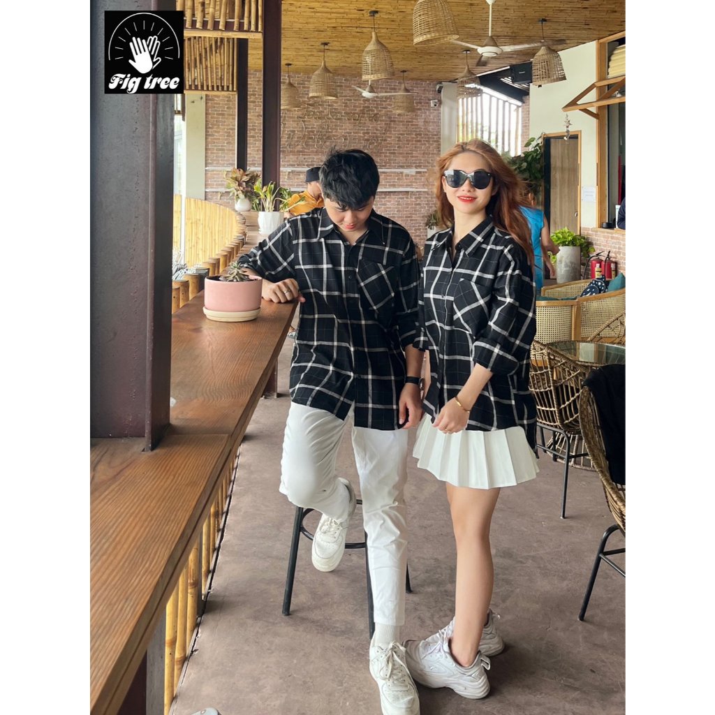 Áo Sơ Mi Cặp Fig Tree Caro Trắng Đen Form Rộng Siêu Cool cho Couple