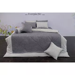 [180x200] Drap ga chun mỏng + 2 vỏ gối EVERON EPM 22063 màu kẻ ghi xám tối phong cách Hàn Quốc, vải modal cao cấp